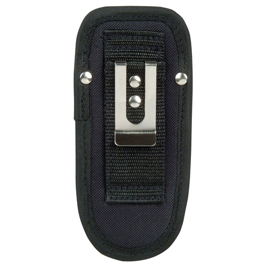STANLEY 0-10-028 black utility knife pouch with metal belt clip, front angle on white background.