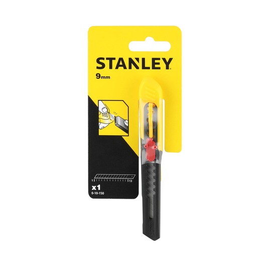 STANLEY 0-10-150 utility knife, 9mm, in black and yellow blister packaging, front view, photography.