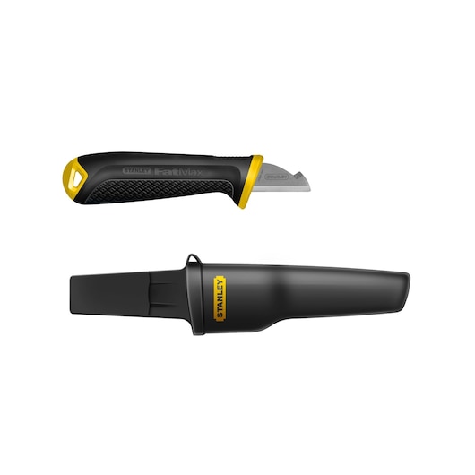 STANLEY 0-10-234 utility knife with black and yellow handle, shown with protective sheath, side view on white.