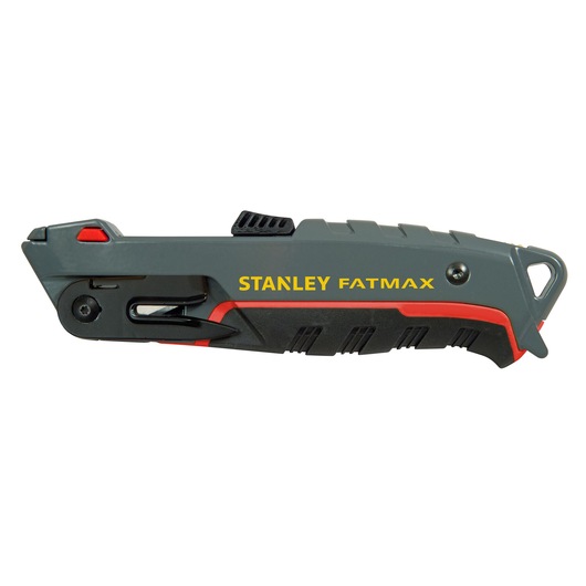 Photo of STANLEY 0-10-242 utility knife, grey and black with red accents, side view on white background.