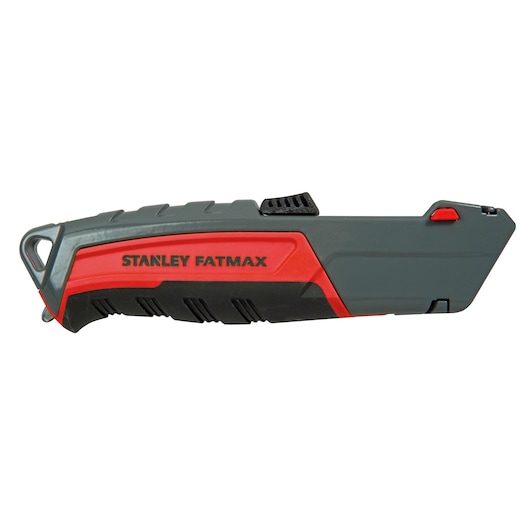 Photo of STANLEY 0-10-242 utility knife with grey and red handle, side angle, photography product category.
