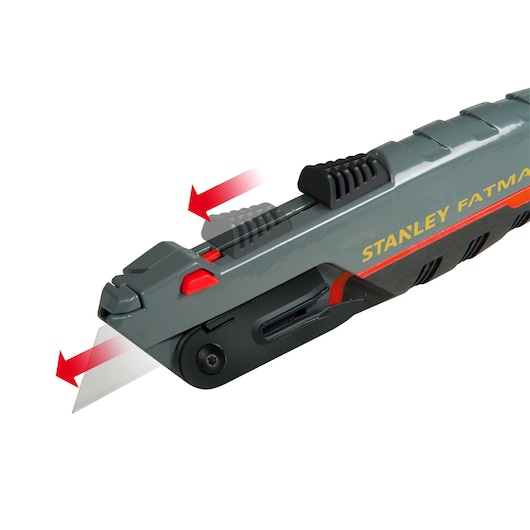 Photo of STANLEY 0-10-242 utility knife, close-up side angle, showing blade extension and safety slider.