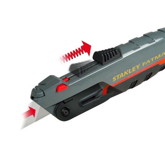 STANLEY 0-10-242 utility knife close-up with blade slider and red arrow illustrations on white background.