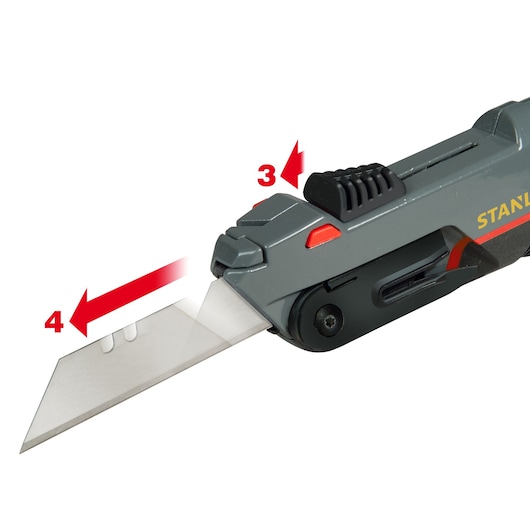 Photo of STANLEY 0-10-242 utility knife showing blade extension mechanism with red arrows and numbers.