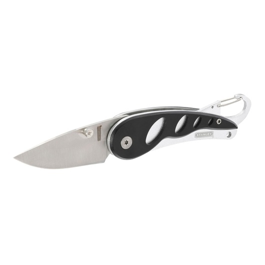 STANLEY 0-10-254 folding pocket knife, silver blade, black handle, side view on white background.