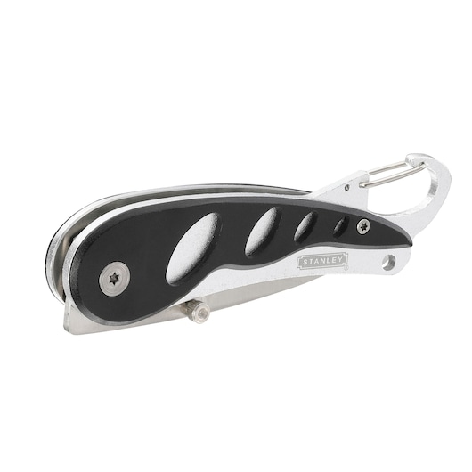 STANLEY 0-10-254 folding utility knife with black handle and carabiner clip, side view on white background.
