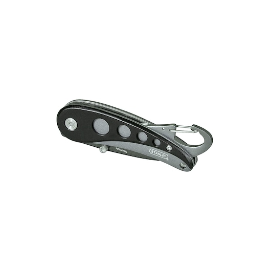 STANLEY 0-10-254 folding utility knife, black and silver, side angle photo on white background.