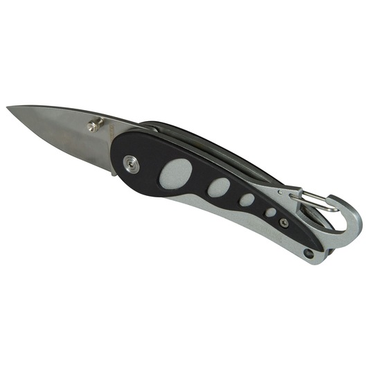 STANLEY 0-10-254 folding pocket knife with black and silver handle, side angle, white background.