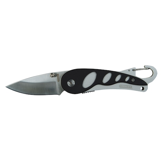 STANLEY 0-10-254 folding utility knife with black and silver handle, carabiner clip, side angle, white background.