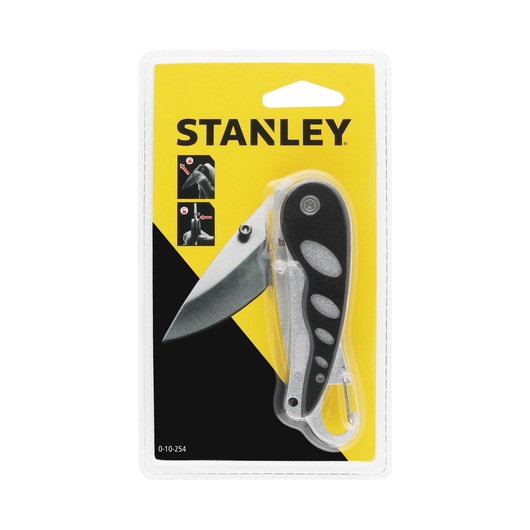 STANLEY 0-10-254 folding knife in black and silver, retail packaging, front angle.