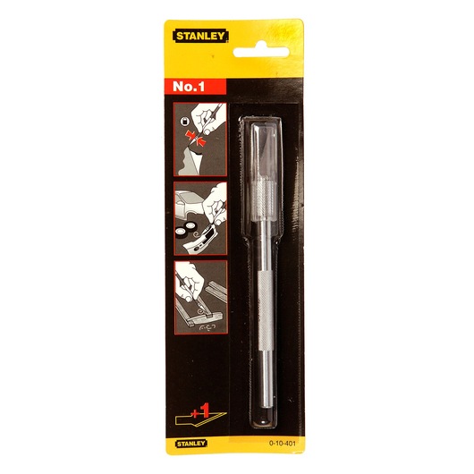 STANLEY 0-10-401 precision craft knife in retail packaging, front angle view, silver metal handle with cap.