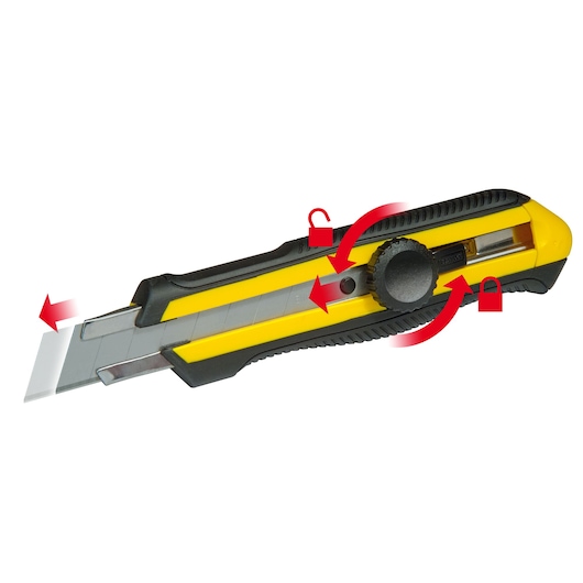 STANLEY 0-10-417 utility knife, yellow and black, side angle, blade lock and release shown.