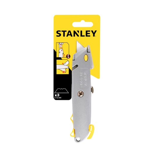 STANLEY 0-10-499 utility knife in silver with yellow accents, photographed in packaging, front angle.