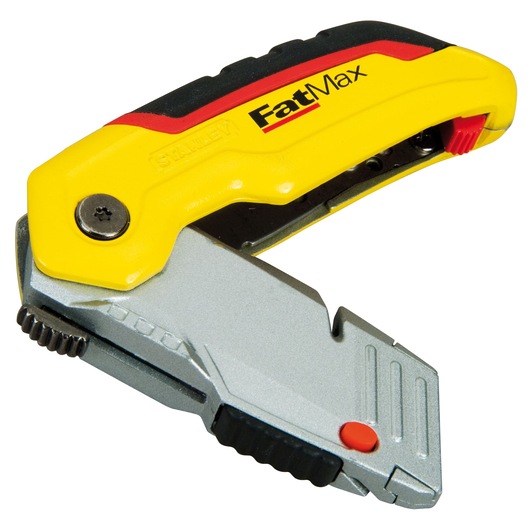 Photo of STANLEY 0-10-825 utility knife with yellow and black handle, silver blade, and visible FatMax branding, angled view.