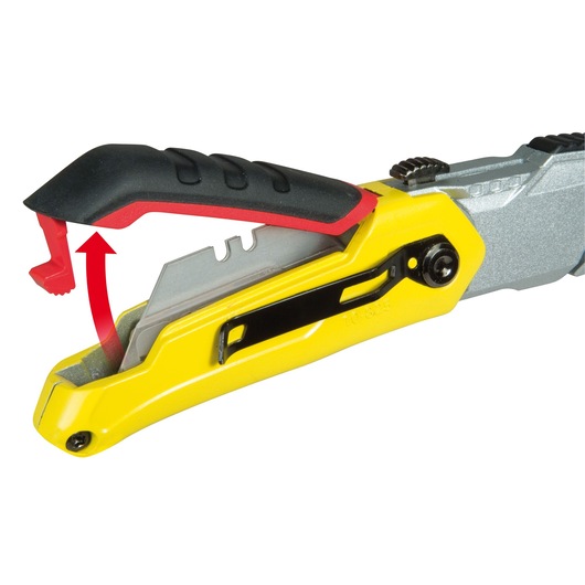 STANLEY 0-10-825 utility knife side view, yellow and black handle, red safety cover with arrow showing opening.