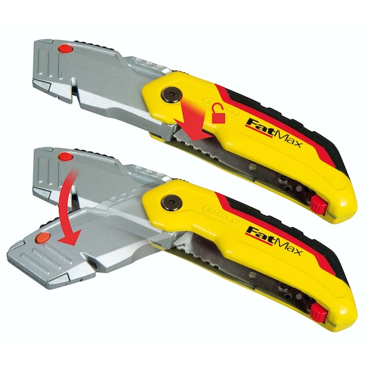 STANLEY 0-10-825 utility knife with yellow and black handle, shown open and closed on white background.