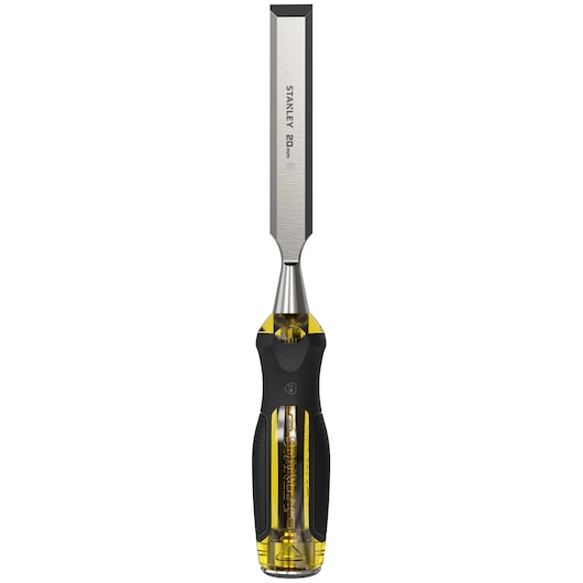 STANLEY 0-16-259 wood chisel with black and yellow handle, flat side view on white background.