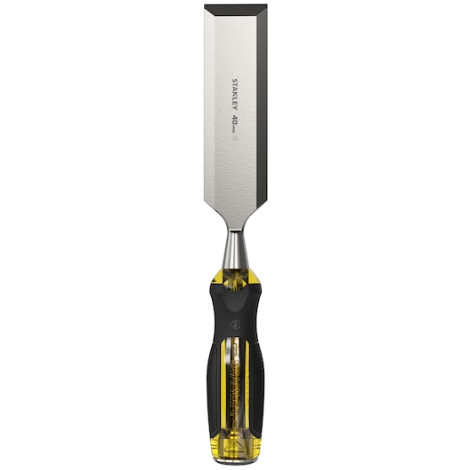 STANLEY 0-16-266 woodworking chisel with yellow and black handle, photographed front view on white background.