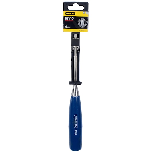 Stanley 0-16-535 chisel with blue handle, front angle, 6mm, woodworking tool, product photography.