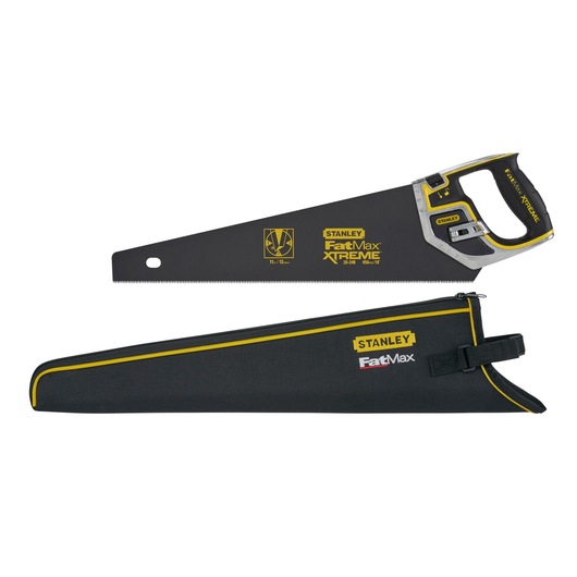 Stanley FatMax Xtreme hand saw with ergonomic handle and protective black case with yellow trim.