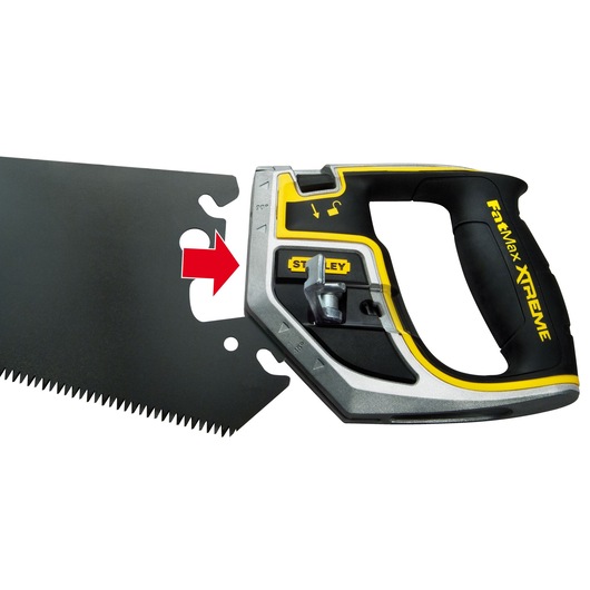 STANLEY 0-20-256 saw handle with yellow and black accents, shown with a detachable saw blade on white background.