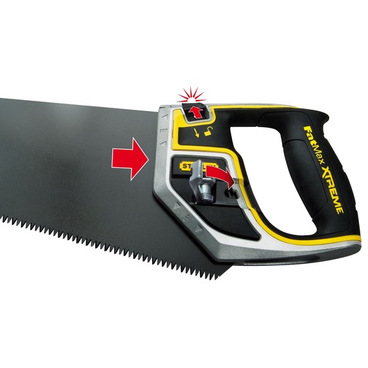 STANLEY 0-20-256 handsaw with black and yellow FatMax Xtreme handle, close-up on handle showing adjustment mechanism.