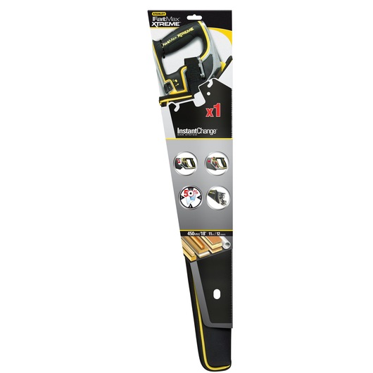 STANLEY 0-20-256 hand saw, FatMax Xtreme with black and yellow handle, blade in retail packaging, front angle.