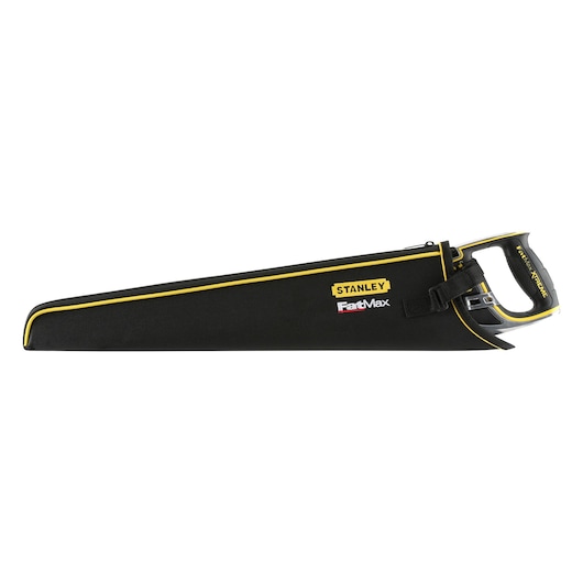 STANLEY 0-20-257 hand saw in black and yellow protective case, side angle, photo on white background.