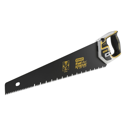 Photo of STANLEY 0-20-257 hand saw, FatMax Xtreme series, black blade with ergonomic handle, side angle.