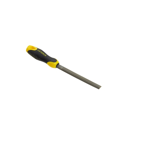 STANLEY 0-22-455 round file with yellow and black ergonomic handle, side angle, on white background.
