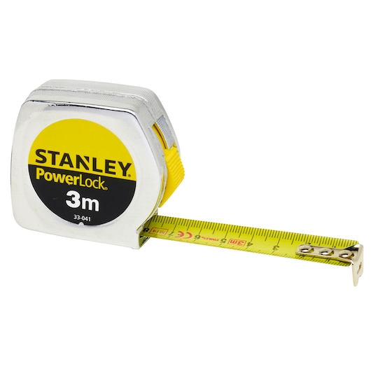 STANLEY 0-33-041 PowerLock 3m tape measure with yellow blade, angled view on white background.
