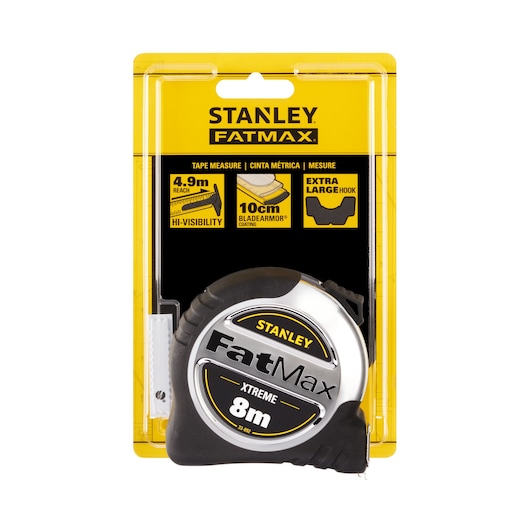 STANLEY 0-33-892 FatMax tape measure 8m, front angle, in retail packaging with yellow and black design.