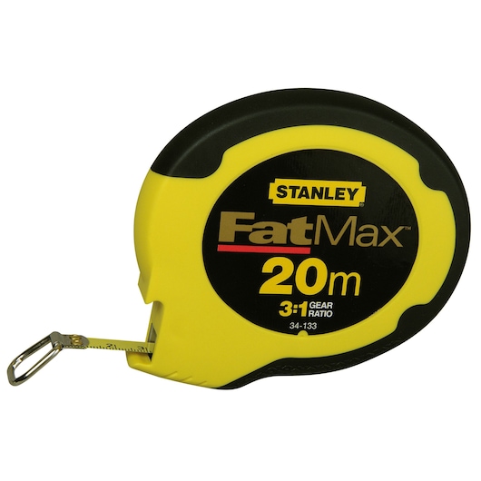 Stanley FatMax 20m yellow tape measure, black and yellow case, metal end hook visible.