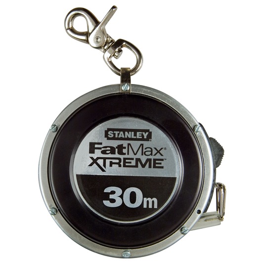 Stanley FatMax Xtreme 30m measuring tape with metal clip and round black casing.