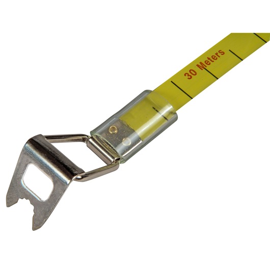 Close-up of a yellow Stanley measuring tape showing 30 meters with a metal hook at the end.