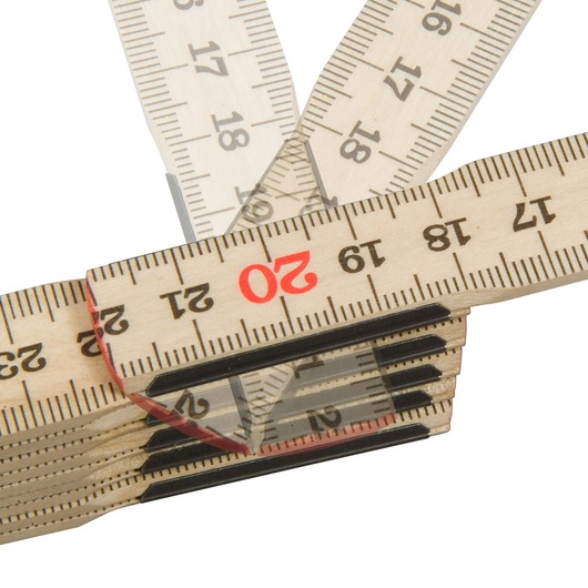 STANLEY 0-35-101 folding wooden ruler, close-up on measurement markings, white background.