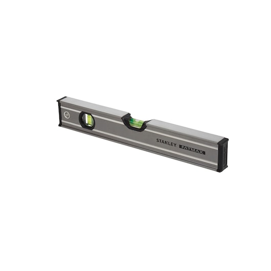 STANLEY 0-43-616 spirit level, silver with black ends, side angle photo, two vials visible.