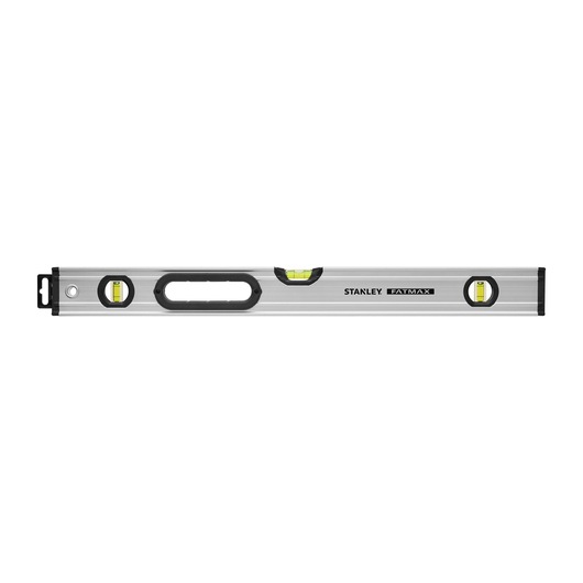 Photo of STANLEY 0-43-625 spirit level, silver with three bubble vials and black accents, front angle on white background.