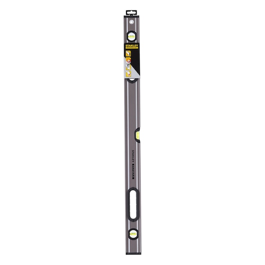 STANLEY 0-43-636 spirit level, gray metal body, three bubble vials, front angle, photography.