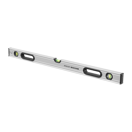 STANLEY 0-43-637 spirit level, silver with three green vials and two black handles, angled view on white background.