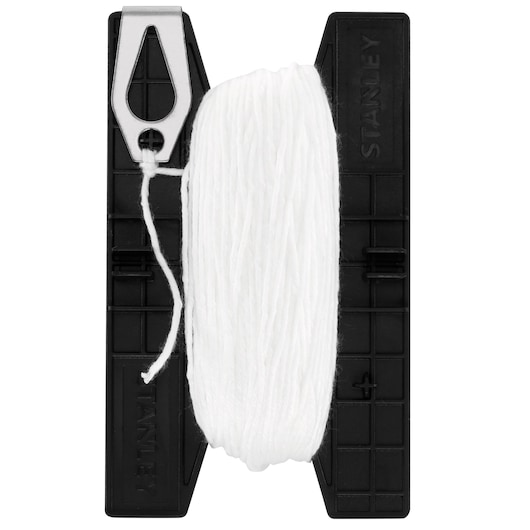 Stanley black plastic line holder with white string for marking straight lines in construction.