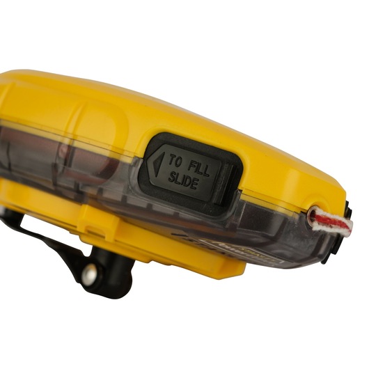 STANLEY 0-47-465 yellow chalk line reel close-up, showing slide-to-fill mechanism and string, side angle.