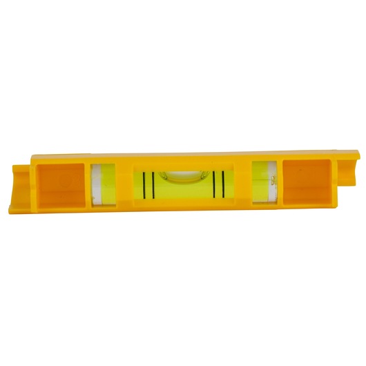 STANLEY 0-47-465 yellow plastic spirit level, front view, with three bubble vials.