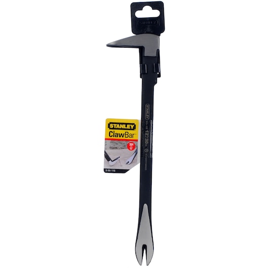 STANLEY 0-55-115 claw bar tool, black and silver, front angle, product label visible.