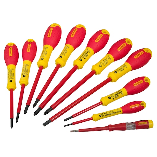 Stanley insulated screwdriver set with yellow and red handles, arranged on a white background.
