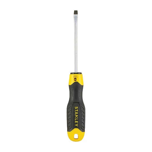Stanley flathead screwdriver with yellow and black handle, shown upright on white background.