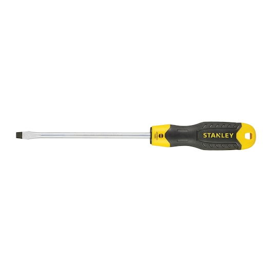 Stanley flathead screwdriver with yellow and black handle, metal shaft, and flat tip.