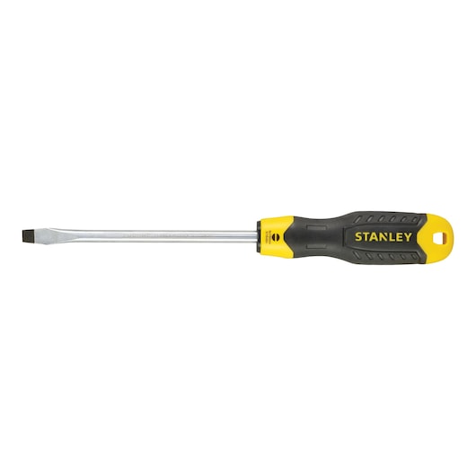STANLEY 0-64-921 flathead screwdriver with black and yellow handle, side view on white background.
