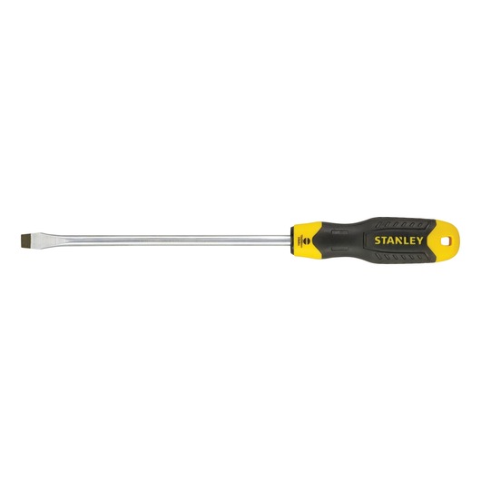 Stanley flathead screwdriver with yellow and black handle and long metal shaft.