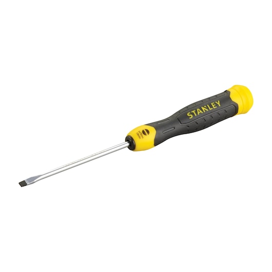 Stanley flathead screwdriver with black and yellow handle, photographed on a white background.
